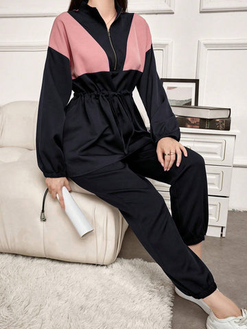 2pcs Women Spring Autumn Contrast Color Drop-Shoulder Long Sleeve Zip Up Collared Top And Pants Casual Suit