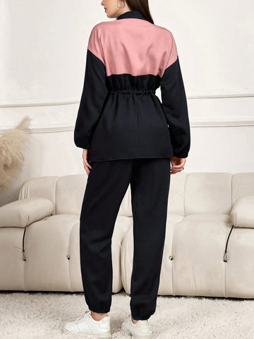 2pcs Women Spring Autumn Contrast Color Drop-Shoulder Long Sleeve Zip Up Collared Top And Pants Casual Suit