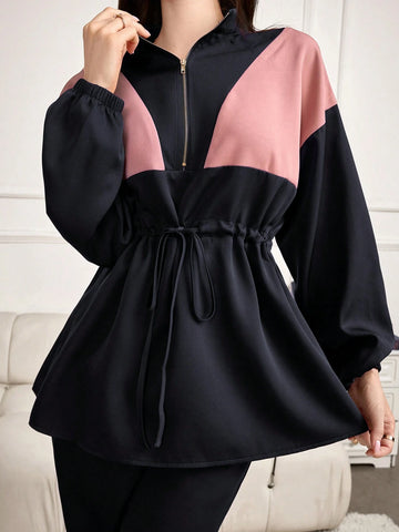 2pcs Women Spring Autumn Contrast Color Drop-Shoulder Long Sleeve Zip Up Collared Top And Pants Casual Suit