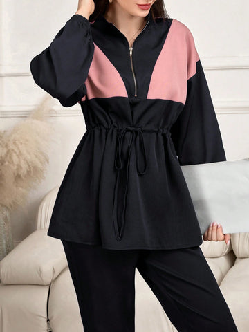 2pcs Women Spring Autumn Contrast Color Drop-Shoulder Long Sleeve Zip Up Collared Top And Pants Casual Suit