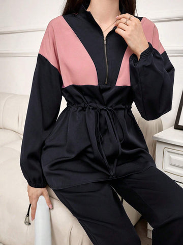 2pcs Women Spring Autumn Contrast Color Drop-Shoulder Long Sleeve Zip Up Collared Top And Pants Casual Suit