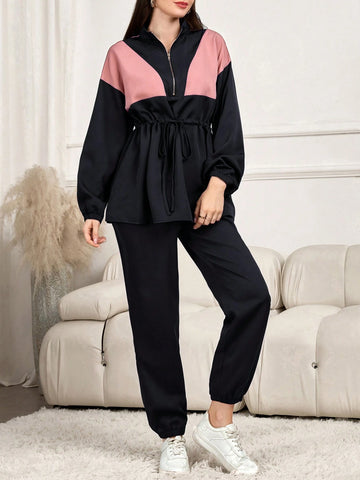 2pcs Women Spring Autumn Contrast Color Drop-Shoulder Long Sleeve Zip Up Collared Top And Pants Casual Suit