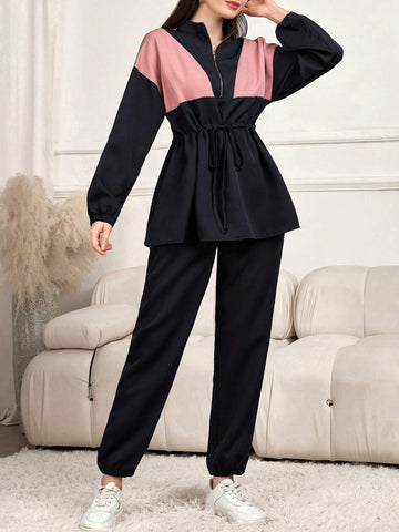 2pcs Women Spring Autumn Contrast Color Drop-Shoulder Long Sleeve Zip Up Collared Top And Pants Casual Suit