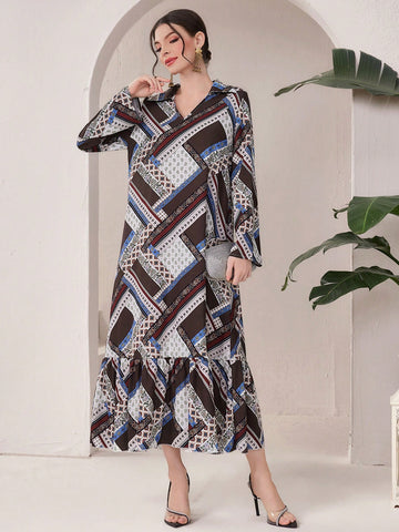 All-Over Floral Print Ruffle Hem Casual Dress