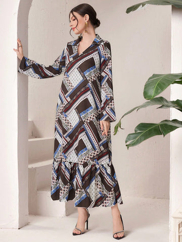 All-Over Floral Print Ruffle Hem Casual Dress