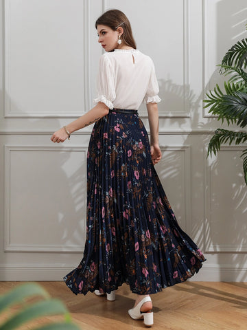 Mulvari Allover Floral Belted Pleated Skirt