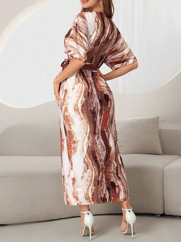 Allover Print Batwing Sleeve Split Thigh Dress