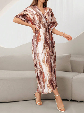 Allover Print Batwing Sleeve Split Thigh Dress