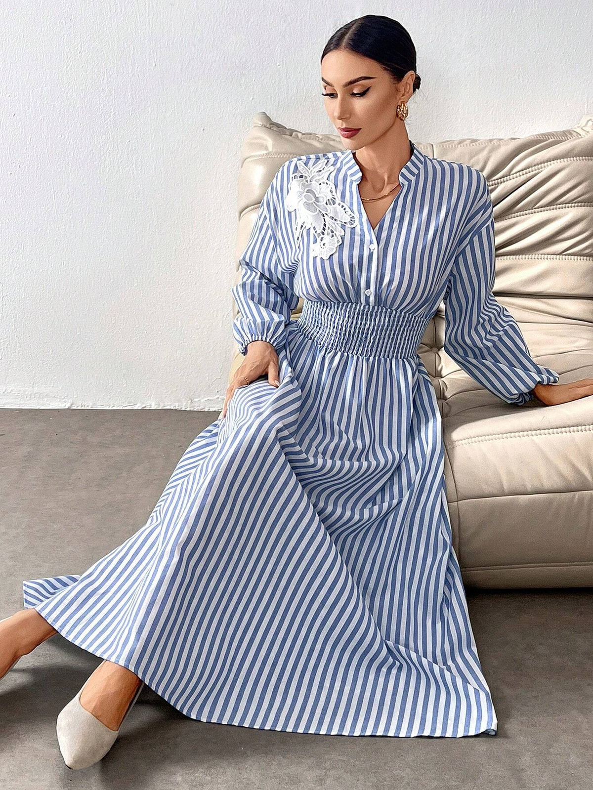 Blue And White Striped 3D Flower Embellished Casual Dress For Women