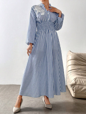 Blue And White Striped 3D Flower Embellished Casual Dress For Women