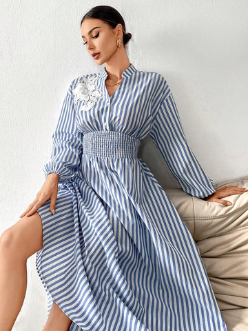 Blue And White Striped 3D Flower Embellished Casual Dress For Women