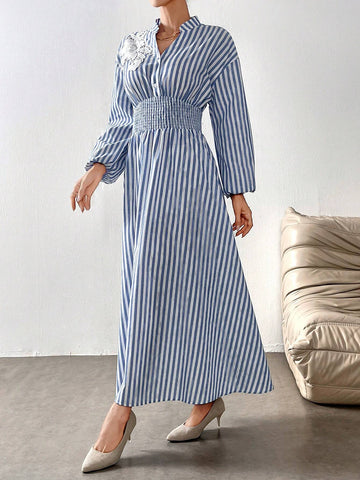 Blue And White Striped 3D Flower Embellished Casual Dress For Women