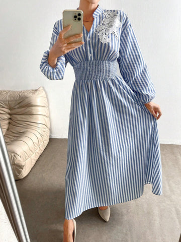 Blue And White Striped 3D Flower Embellished Casual Dress For Women