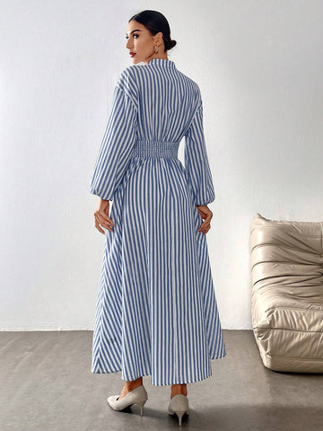 Blue And White Striped 3D Flower Embellished Casual Dress For Women