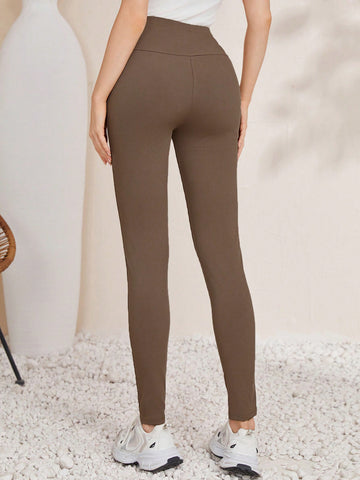 Mulvari Button Decoration Wide Waistband Slanted Pocket Leggings