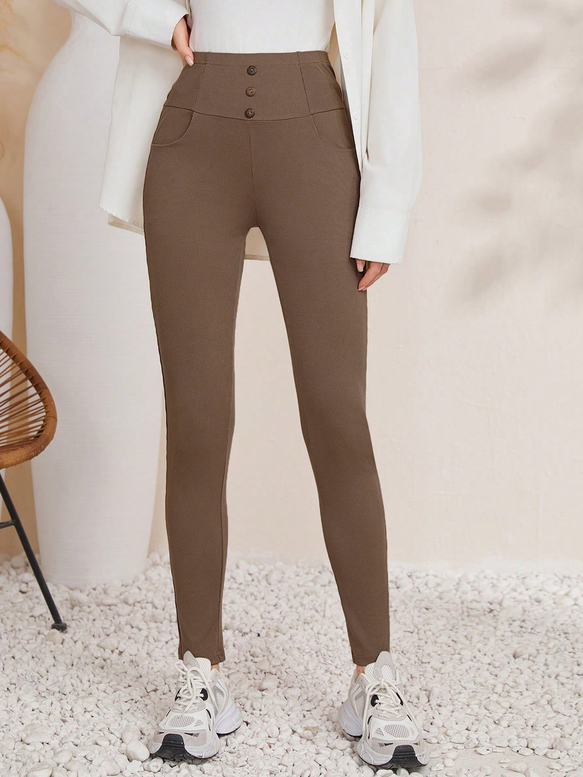 Mulvari Button Decoration Wide Waistband Slanted Pocket Leggings