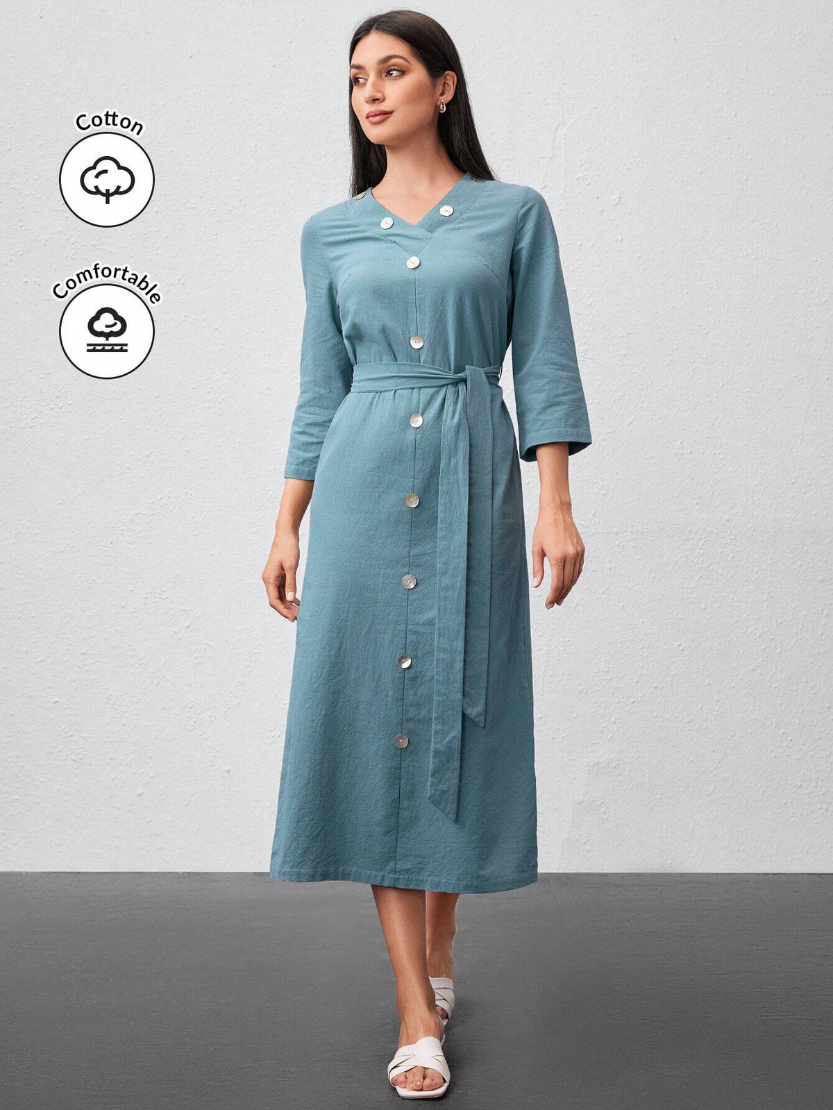 Button Detail Waist Cinched Long Sleeve Dress