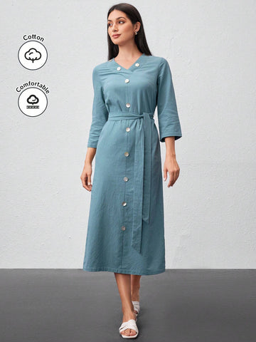 Button Detail Waist Cinched Long Sleeve Dress