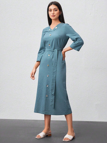 Button Detail Waist Cinched Long Sleeve Dress