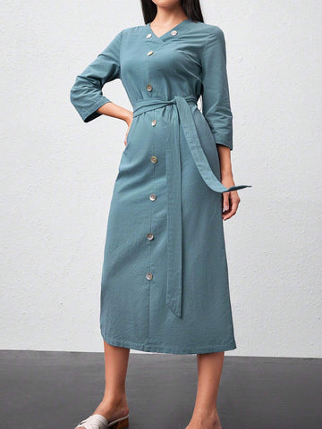Button Detail Waist Cinched Long Sleeve Dress