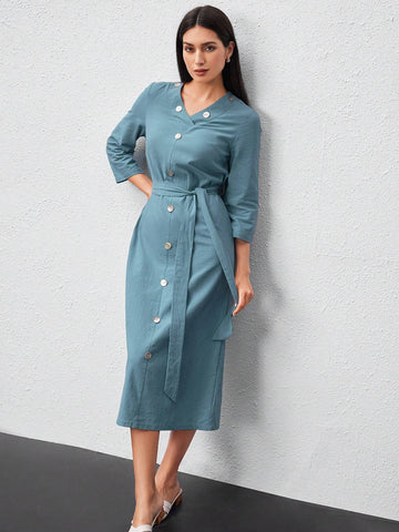 Button Detail Waist Cinched Long Sleeve Dress