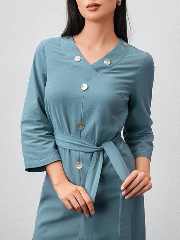 Button Detail Waist Cinched Long Sleeve Dress