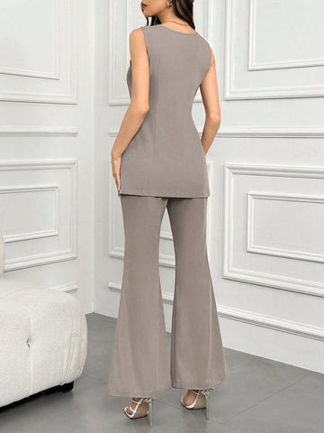 Button Front Tank Top & Flare Leg Pants For Summer