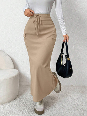 Mulvari Cargo Pocket Drawstring Elastic Slit Casual A-Line Skirt