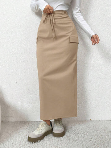 Mulvari Cargo Pocket Drawstring Elastic Slit Casual A-Line Skirt