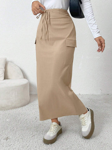Mulvari Cargo Pocket Drawstring Elastic Slit Casual A-Line Skirt
