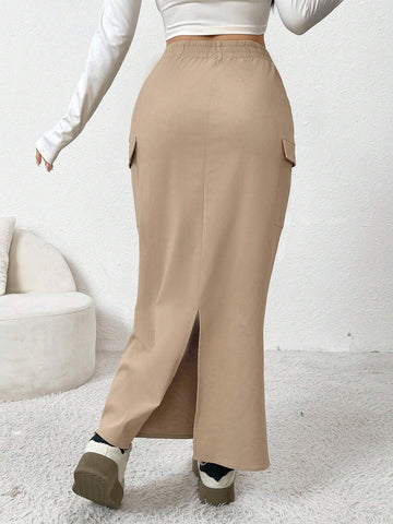 Mulvari Cargo Pocket Drawstring Elastic Slit Casual A-Line Skirt