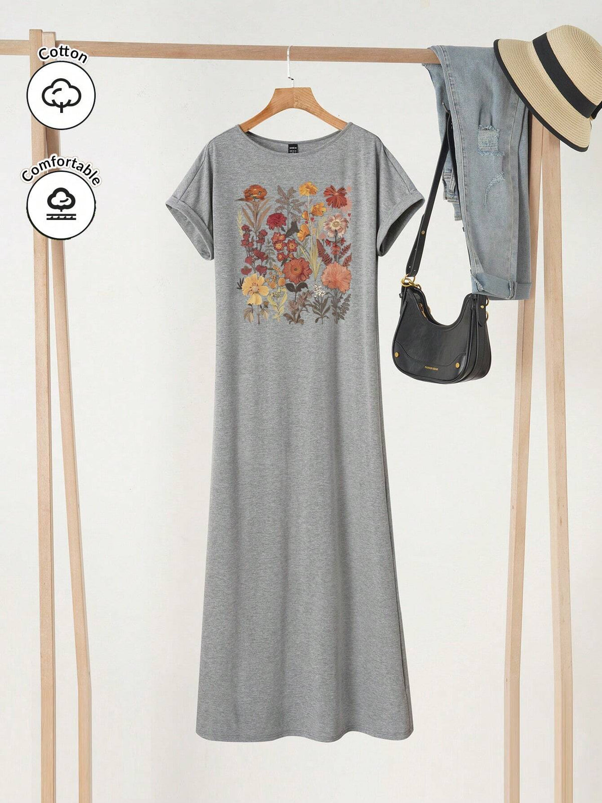 Casual Loose Fit Short Sleeves Floral Pattern Maxi Dress