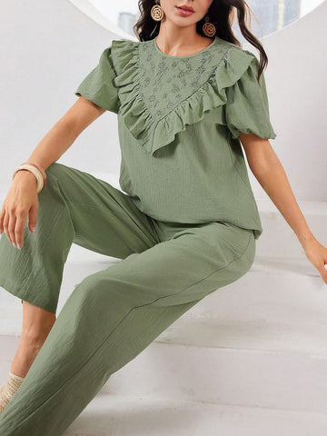 Casual Ruffle Trim Decorated Short Sleeve Top And Pants Set For Summer
