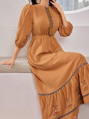 Casual Summer Lantern Sleeve Dress With Embroidered Floral Neckline And Knot Detail