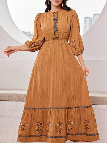 Casual Summer Lantern Sleeve Dress With Embroidered Floral Neckline And Knot Detail