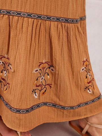 Casual Summer Lantern Sleeve Dress With Embroidered Floral Neckline And Knot Detail