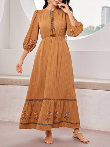 Casual Summer Lantern Sleeve Dress With Embroidered Floral Neckline And Knot Detail