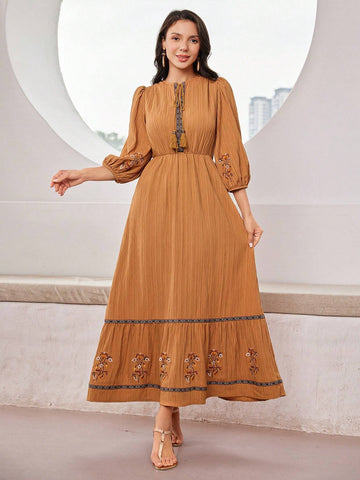 Casual Summer Lantern Sleeve Dress With Embroidered Floral Neckline And Knot Detail