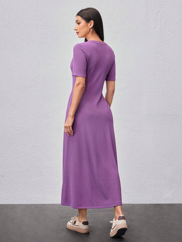 Color Block Loose Fit Short Sleeve Dress With Round Neck