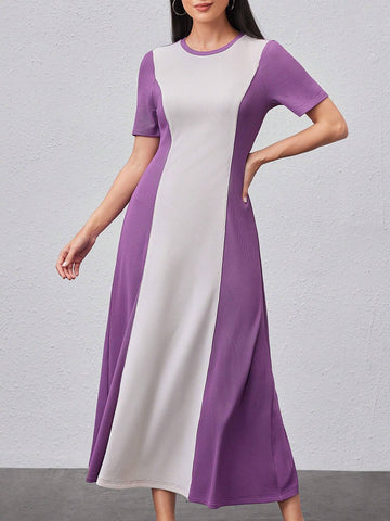 Color Block Loose Fit Short Sleeve Dress With Round Neck