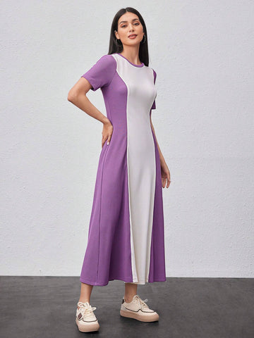 Color Block Loose Fit Short Sleeve Dress With Round Neck