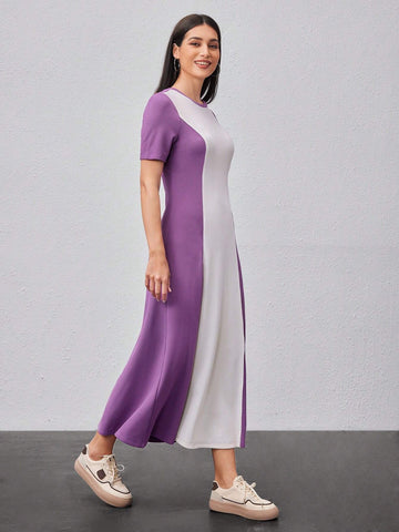 Color Block Loose Fit Short Sleeve Dress With Round Neck