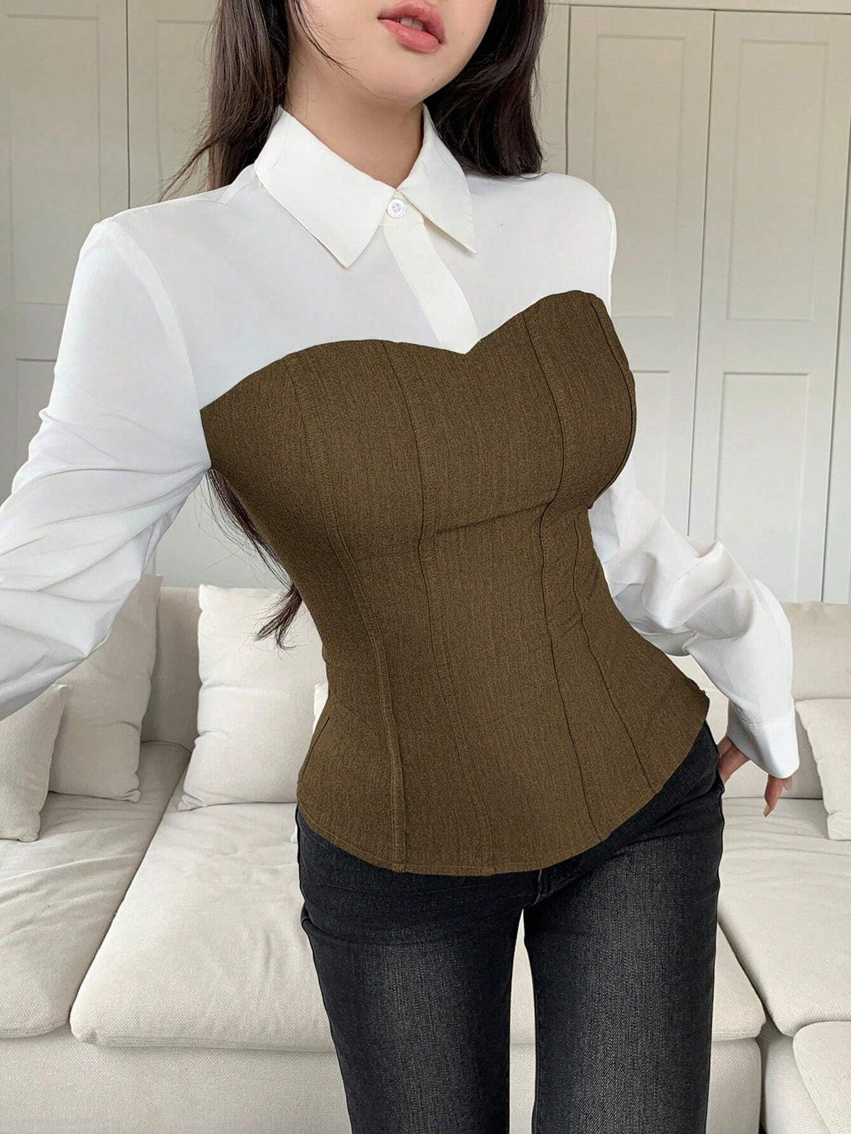 Mulvari Color Block Mixed Material Waist Shaping Casual Commuter All-Match Shirt