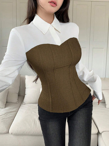 Mulvari Color Block Mixed Material Waist Shaping Casual Commuter All-Match Shirt