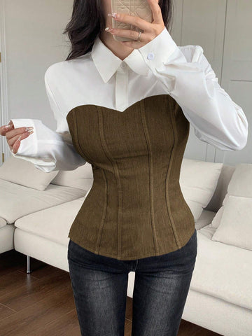 Mulvari Color Block Mixed Material Waist Shaping Casual Commuter All-Match Shirt