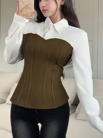 Mulvari Color Block Mixed Material Waist Shaping Casual Commuter All-Match Shirt