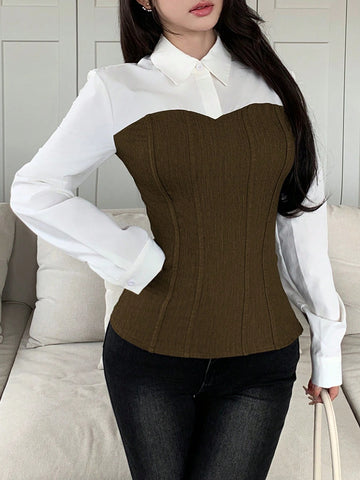 Mulvari Color Block Mixed Material Waist Shaping Casual Commuter All-Match Shirt