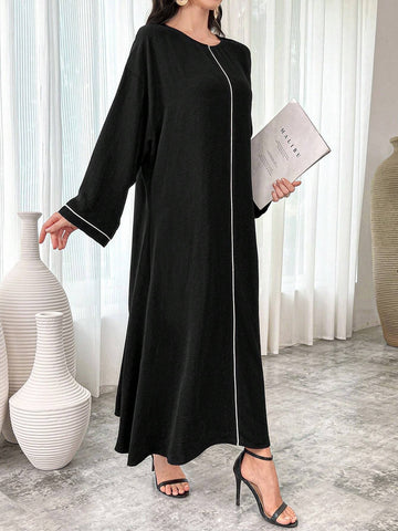 Color Block Trim Round Neck Elegant Long Sleeve Dress