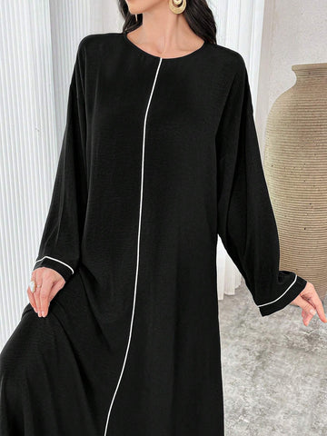 Color Block Trim Round Neck Elegant Long Sleeve Dress