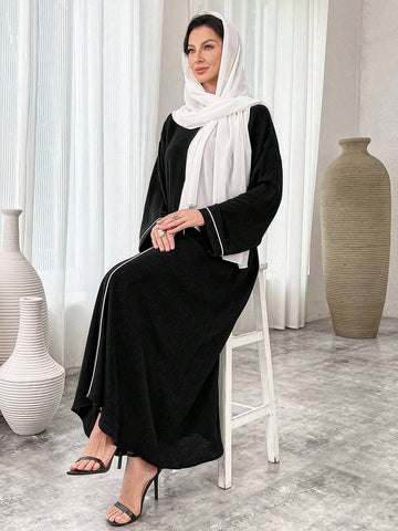Color Block Trim Round Neck Elegant Long Sleeve Dress
